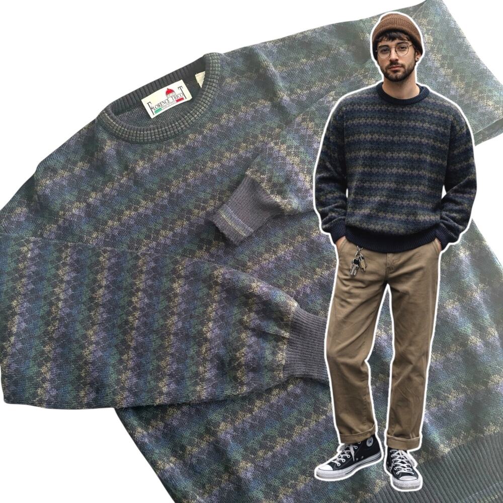 Florence Tricot Mens Argyle Sweater Size Medium Wool Blend Italy Vtg 90s Preppy